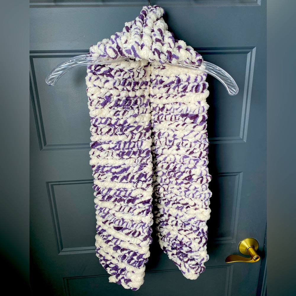 Bernat Big Bold Blanket Yarn White & Purple Hand-Knitted Scarf | One Size